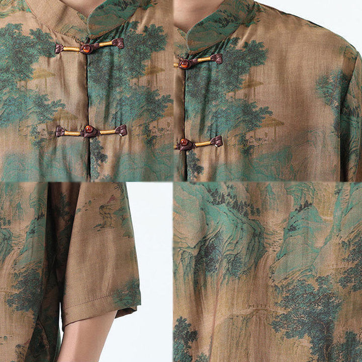 Chemise homme à manches mi-longues en coton et lin, Buddha Stones, dragon, nuages de bon augure, montagnes vertes, motif grenouille chinoise