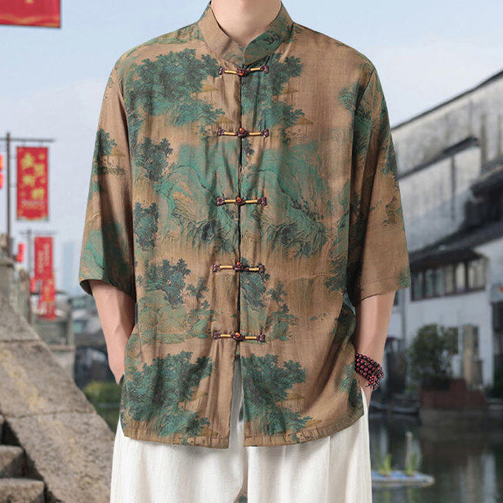 Chemise homme à manches mi-longues en coton et lin, Buddha Stones, dragon, nuages ​​de bon augure, montagnes vertes, motif grenouille chinoise - DarkKhaki - US/UK/AU46，EU56 (5XL) - image 5