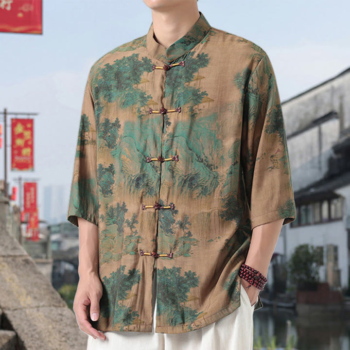 Chemise homme à manches mi-longues en coton et lin, Buddha Stones, dragon, nuages de bon augure, montagnes vertes, motif grenouille chinoise
