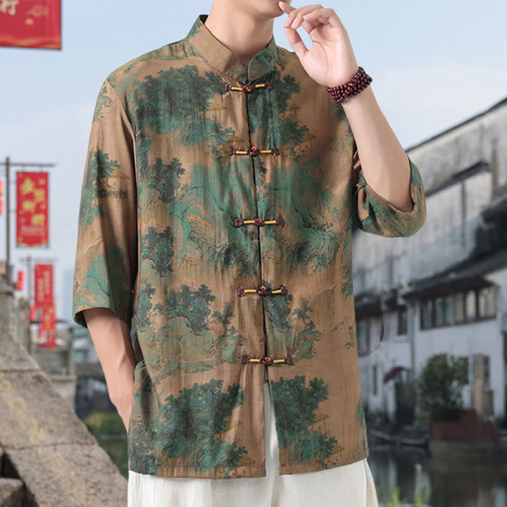 Chemise homme à manches mi-longues en coton et lin, Buddha Stones, dragon, nuages de bon augure, montagnes vertes, motif grenouille chinoise