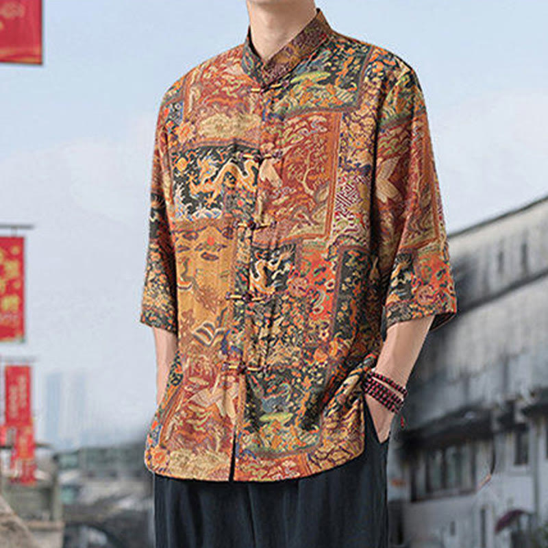 Chemise homme à manches mi-longues en coton et lin, Buddha Stones, dragon, nuages de bon augure, montagnes vertes, motif grenouille chinoise