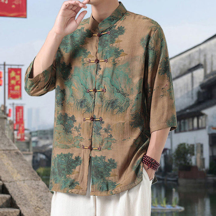 Chemise homme à manches mi-longues en coton et lin, Buddha Stones, dragon, nuages de bon augure, montagnes vertes, motif grenouille chinoise