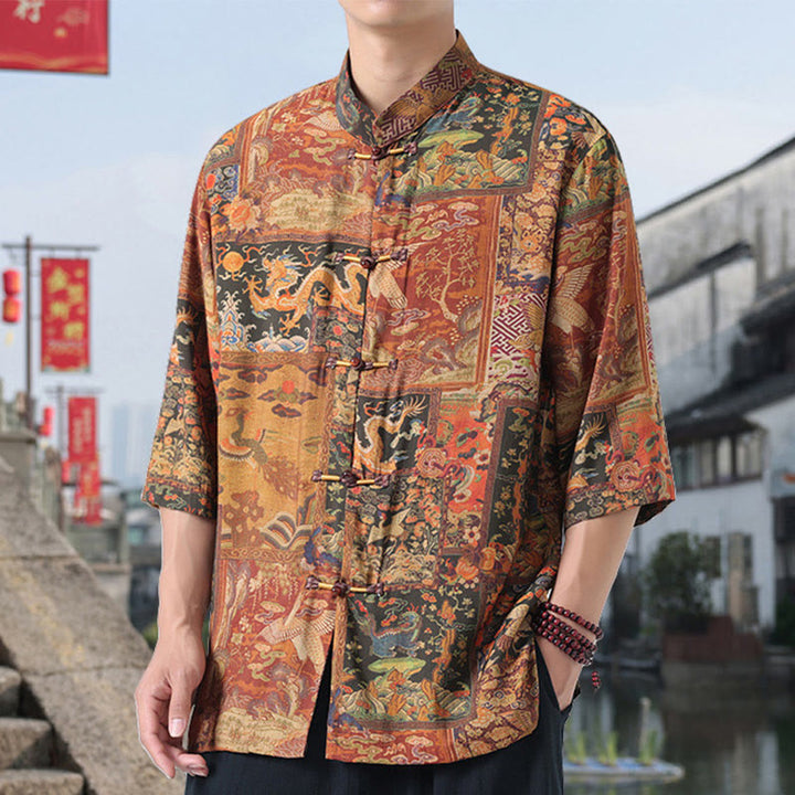 Chemise homme à manches mi-longues en coton et lin, Buddha Stones, dragon, nuages de bon augure, montagnes vertes, motif grenouille chinoise