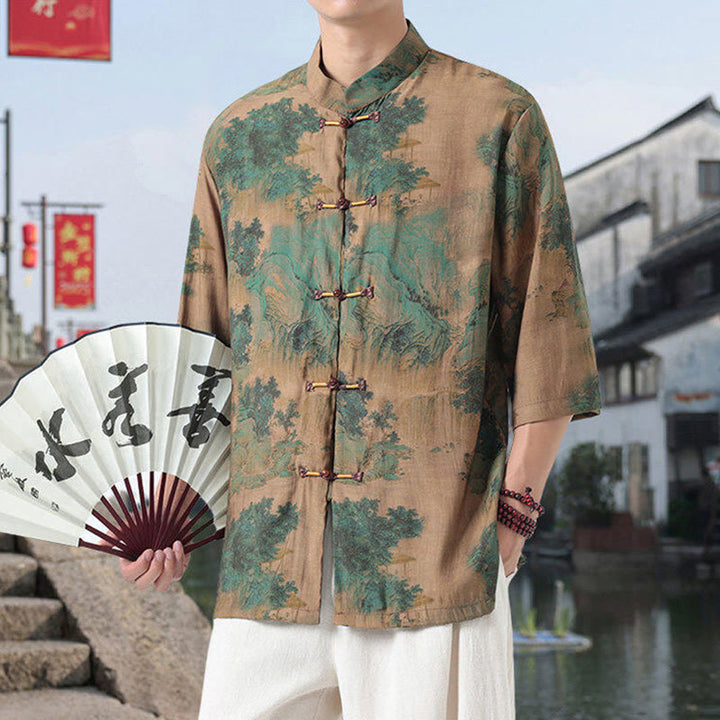 Chemise homme à manches mi-longues en coton et lin, Buddha Stones, dragon, nuages de bon augure, montagnes vertes, motif grenouille chinoise