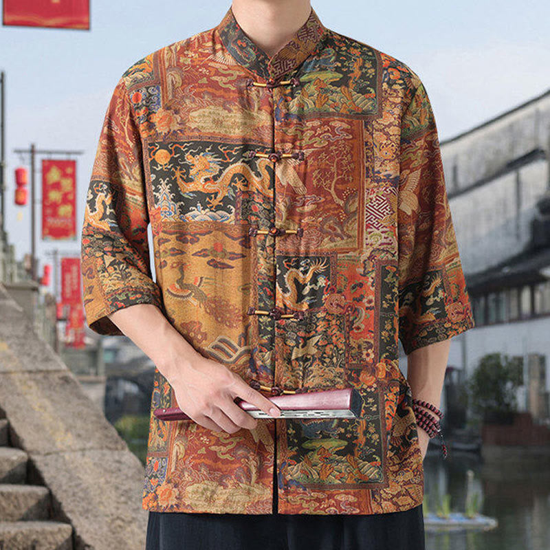 Chemise homme à manches mi-longues en coton et lin, Buddha Stones, dragon, nuages ​​de bon augure, montagnes vertes, motif grenouille chinoise - image 1