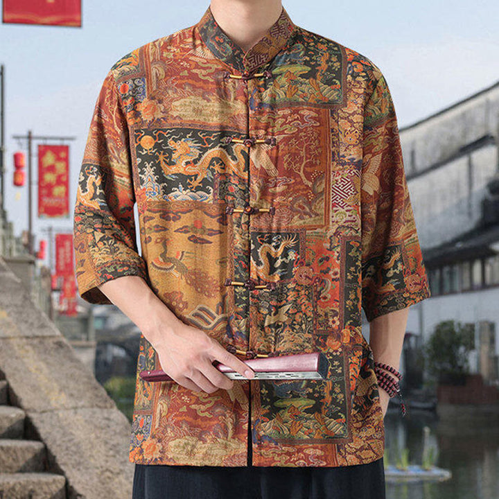 Chemise homme à manches mi-longues en coton et lin, Buddha Stones, dragon, nuages ​​de bon augure, montagnes vertes, motif grenouille chinoise - image 1