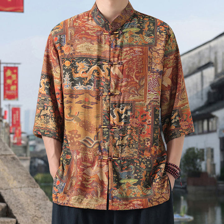 Chemise homme à manches mi-longues en coton et lin, Buddha Stones, dragon, nuages ​​de bon augure, montagnes vertes, motif grenouille chinoise - verge d'or - US/UK/AU46，EU56 (5XL) - image 0