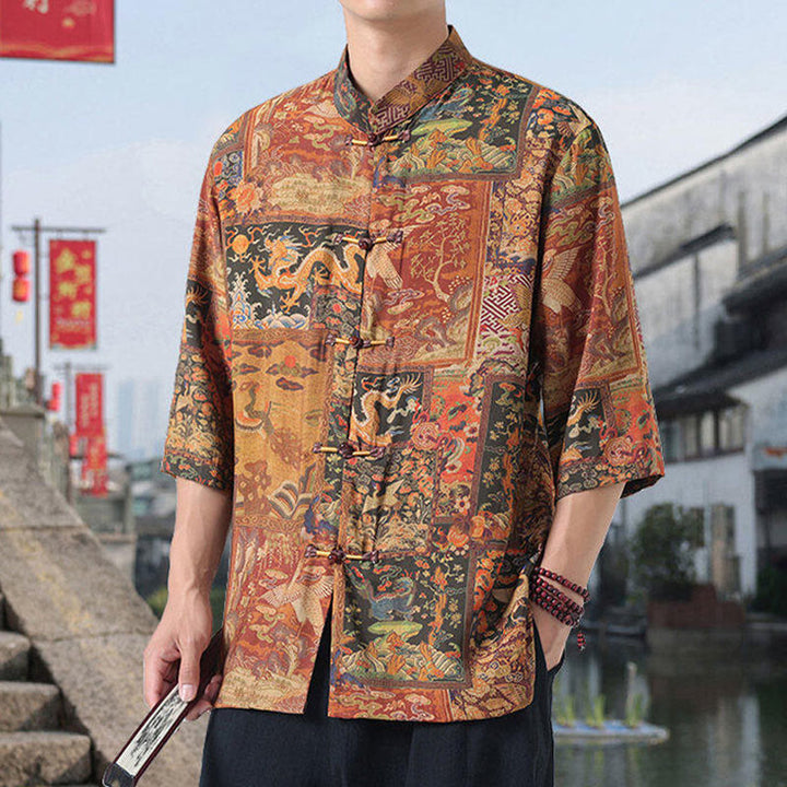 Chemise homme à manches mi-longues en coton et lin, Buddha Stones, dragon, nuages de bon augure, montagnes vertes, motif grenouille chinoise