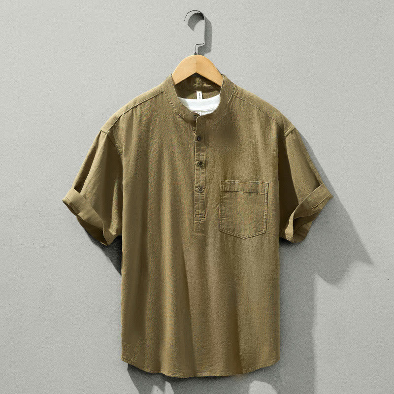 Chemise d'été en coton à manches courtes et demi-bouton pour homme Motif Buddha Stones