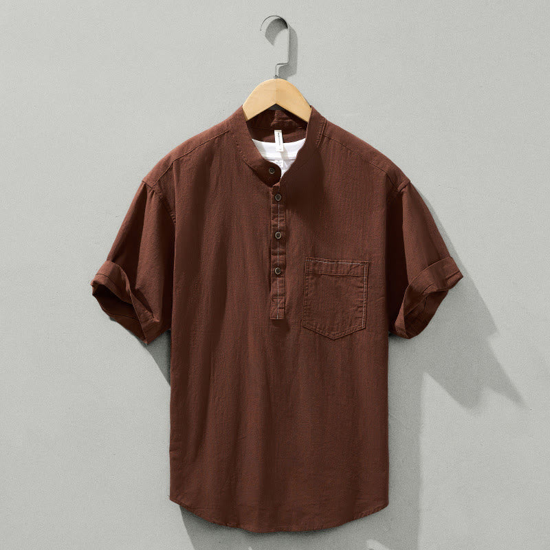 Chemise d'été en coton à manches courtes et demi-bouton pour homme Motif Buddha Stones