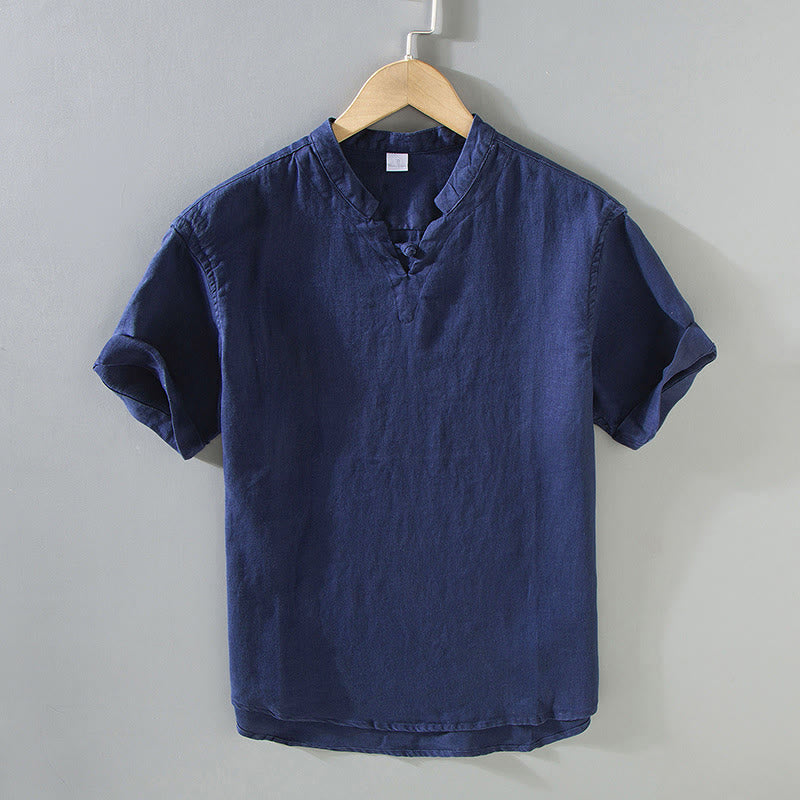 Chemise en lin à manches courtes pour homme, motif Buddha Stones , couleur unie, été - SteelBlue - US/UK/AU42，EU52 (3XL) - image 0