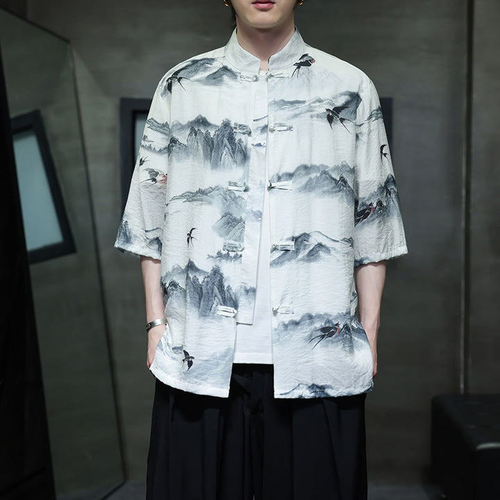 Chemise à manches mi-longues en coton et lin pour homme, Buddha Stones , peinture à l'encre, montagnes, costume chinois Tang à boutons de grenouille