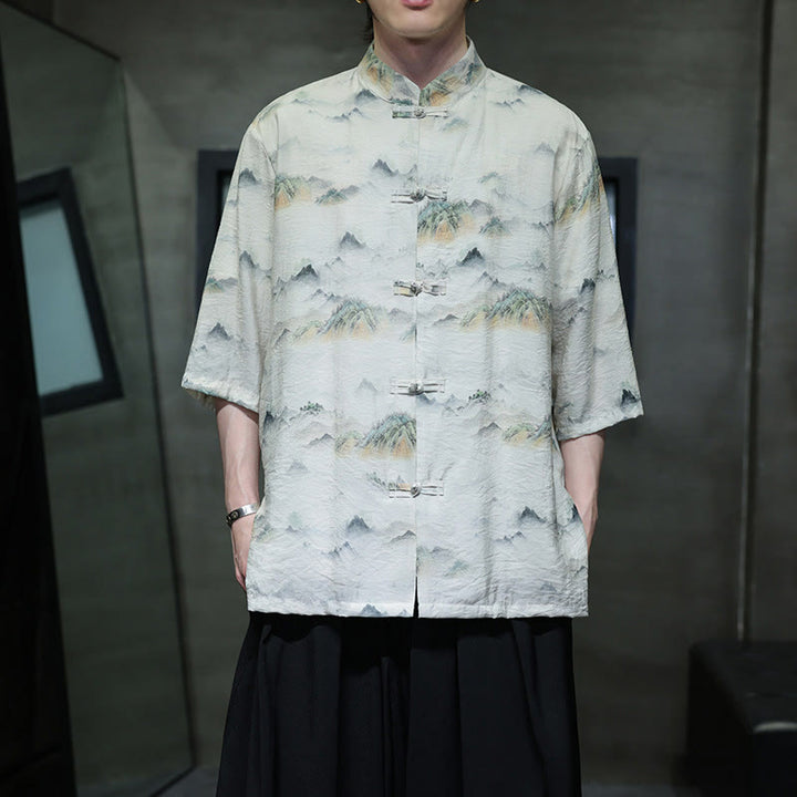 Chemise à manches mi-longues en coton et lin pour homme, Buddha Stones , peinture à l'encre, montagnes, costume chinois Tang à boutons de grenouille - Lin - US/UK/AU46，EU56 (5XL) - image 13