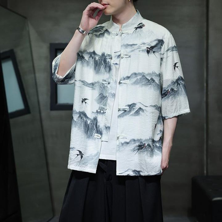 Chemise à manches mi-longues en coton et lin pour homme, Buddha Stones , peinture à l'encre, montagnes, costume chinois Tang à boutons de grenouille