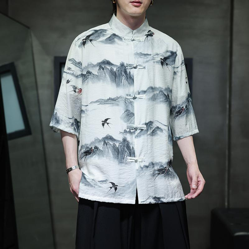 Chemise à manches mi-longues en coton et lin pour homme, Buddha Stones , peinture à l'encre, montagnes, costume chinois Tang à boutons de grenouille - image 1