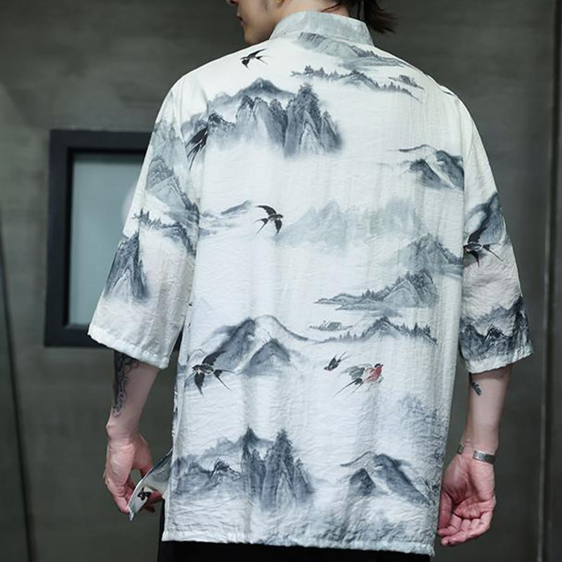 Chemise à manches mi-longues en coton et lin pour homme, Buddha Stones , peinture à l'encre, montagnes, costume chinois Tang à boutons de grenouille
