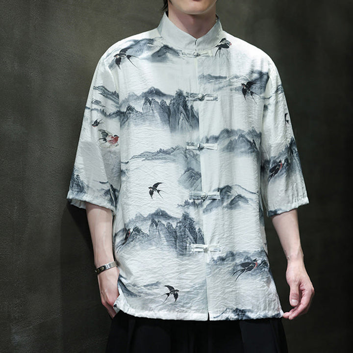 Chemise à manches mi-longues en coton et lin pour homme, Buddha Stones , peinture à l'encre, montagnes, costume chinois Tang à boutons de grenouille