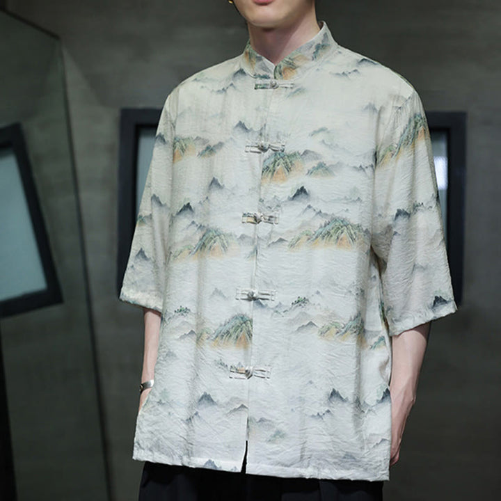 Chemise à manches mi-longues en coton et lin pour homme, Buddha Stones , peinture à l'encre, montagnes, costume chinois Tang à boutons de grenouille
