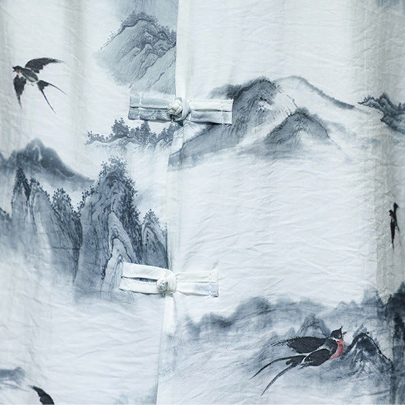 Chemise à manches mi-longues en coton et lin pour homme, Buddha Stones , peinture à l'encre, montagnes, costume chinois Tang à boutons de grenouille
