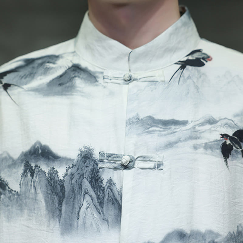 Chemise à manches mi-longues en coton et lin pour homme, Buddha Stones , peinture à l'encre, montagnes, costume chinois Tang à boutons de grenouille