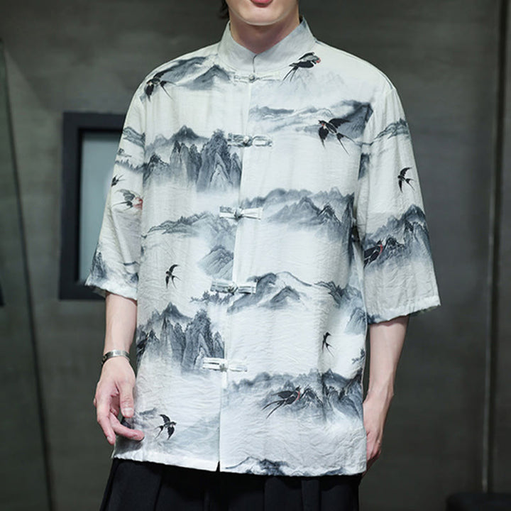 Chemise à manches mi-longues en coton et lin pour homme, Buddha Stones , peinture à l'encre, montagnes, costume chinois Tang à boutons de grenouille