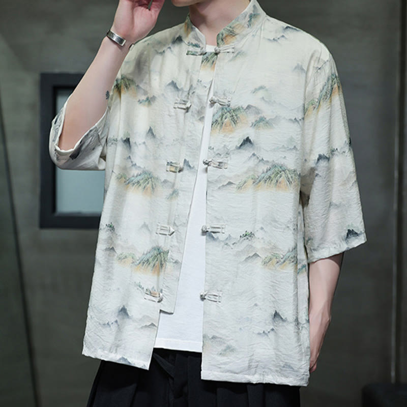 Chemise à manches mi-longues en coton et lin pour homme, Buddha Stones , peinture à l'encre, montagnes, costume chinois Tang à boutons de grenouille
