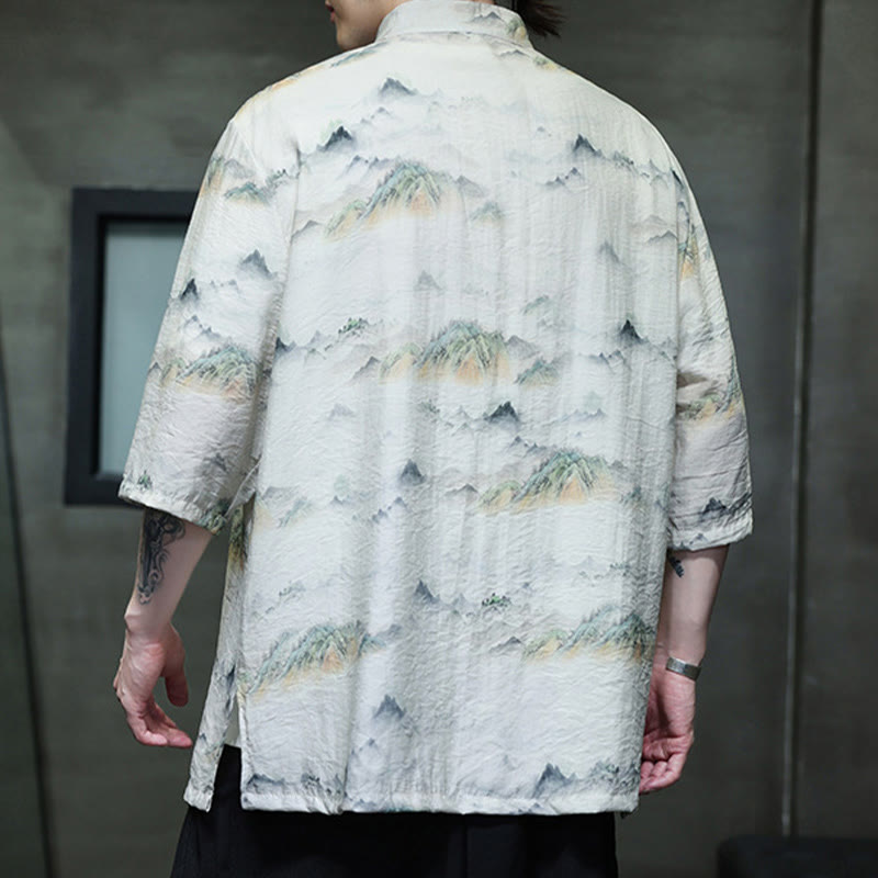 Chemise à manches mi-longues en coton et lin pour homme, Buddha Stones , peinture à l'encre, montagnes, costume chinois Tang à boutons de grenouille