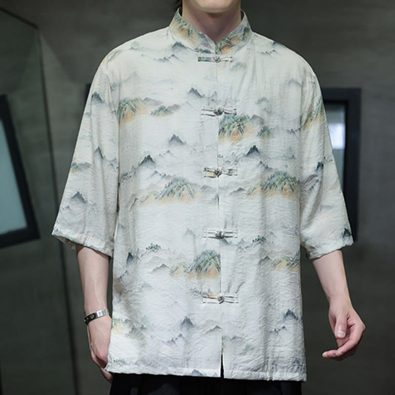 Chemise à manches mi-longues en coton et lin pour homme, Buddha Stones , peinture à l'encre, montagnes, costume chinois Tang à boutons de grenouille