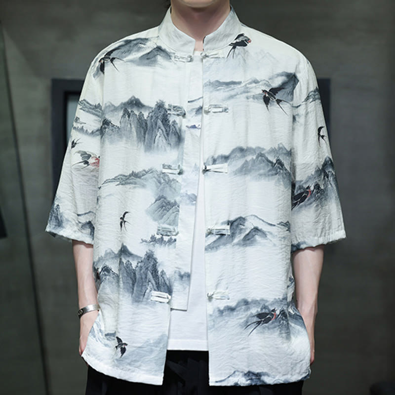 Chemise à manches mi-longues en coton et lin pour homme, Buddha Stones , peinture à l'encre, montagnes, costume chinois Tang à boutons de grenouille
