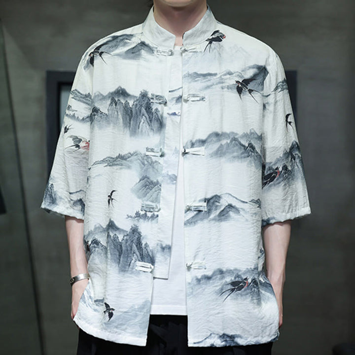 Chemise à manches mi-longues en coton et lin pour homme, Buddha Stones , peinture à l'encre, montagnes, costume chinois Tang à boutons de grenouille
