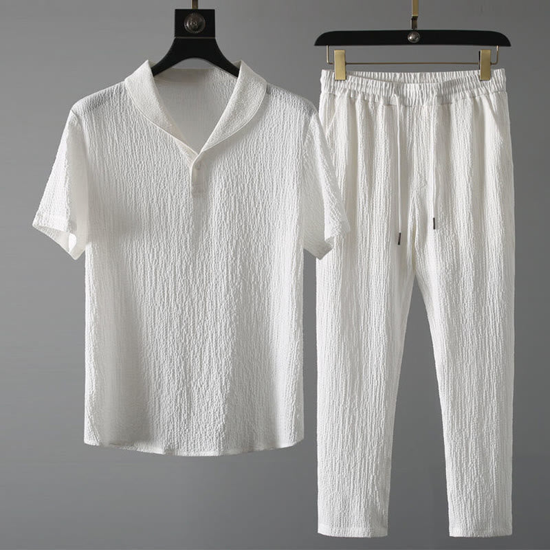 Ensemble 2 pièces pour homme, t-shirt à manches courtes et pantalon à col en V froissé, couleur unie, motif Buddha Stones - Blanc - US/UK/AU46，EU56 (5XL) - image 7