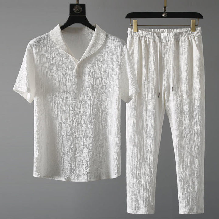 Ensemble 2 pièces pour homme, t-shirt à manches courtes et pantalon à col en V froissé, couleur unie, motif Buddha Stones - Blanc - US/UK/AU46，EU56 (5XL) - image 7