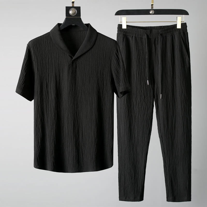 Ensemble 2 pièces pour homme, t-shirt à manches courtes et pantalon à col en V froissé, couleur unie, motif Buddha Stones - Noir - US/UK/AU46，EU56 (5XL) - image 0