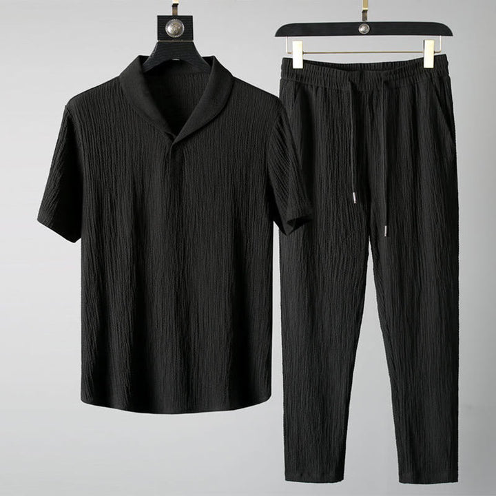 Ensemble 2 pièces pour homme, t-shirt à manches courtes et pantalon à col en V froissé, couleur unie, motif Buddha Stones - Noir - US/UK/AU46，EU56 (5XL) - image 0