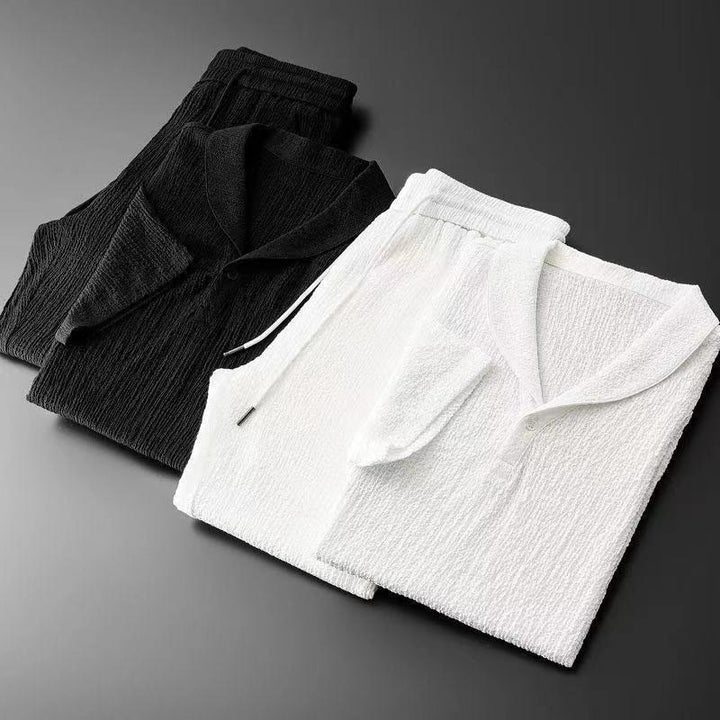 Ensemble 2 pièces pour homme, t-shirt à manches courtes et pantalon à col en V froissé, couleur unie, motif Buddha Stones - image 17