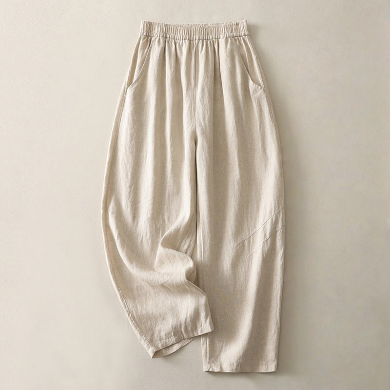 Pantalon large en coton et lin pour femme, couleur unie, taille élastique, avec poches , Buddha Stones été - Beige - US8-10，UK/AU12-14，EU40-42 (2XL) - image 0
