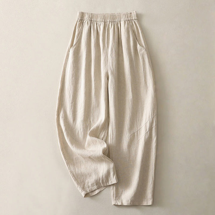 Pantalon large en coton et lin pour femme, couleur unie, taille élastique, avec poches , Buddha Stones été - Beige - US8-10，UK/AU12-14，EU40-42 (2XL) - image 0