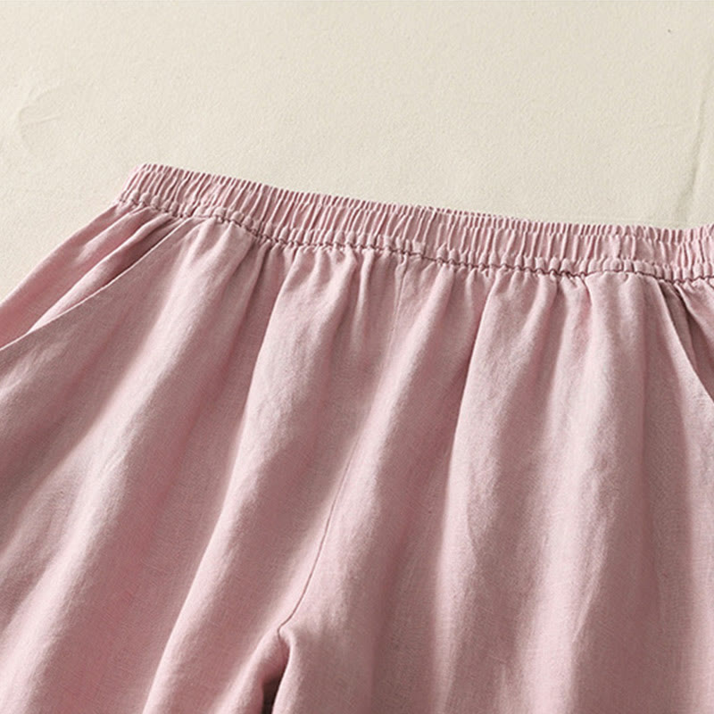 Pantalon large en coton et lin pour femme, couleur unie, taille élastique, avec poches , Buddha Stones été - image 10