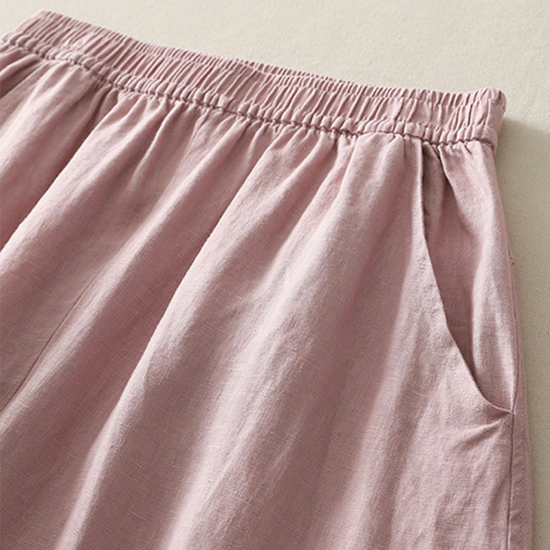 Pantalon large en coton et lin pour femme, couleur unie, taille élastique, avec poches , Buddha Stones été - image 9