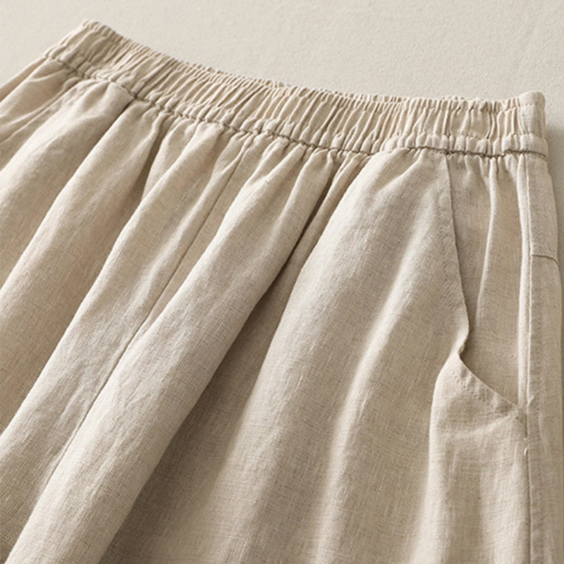 Pantalon large en coton et lin pour femme, couleur unie, taille élastique, avec poches , Buddha Stones été - image 1