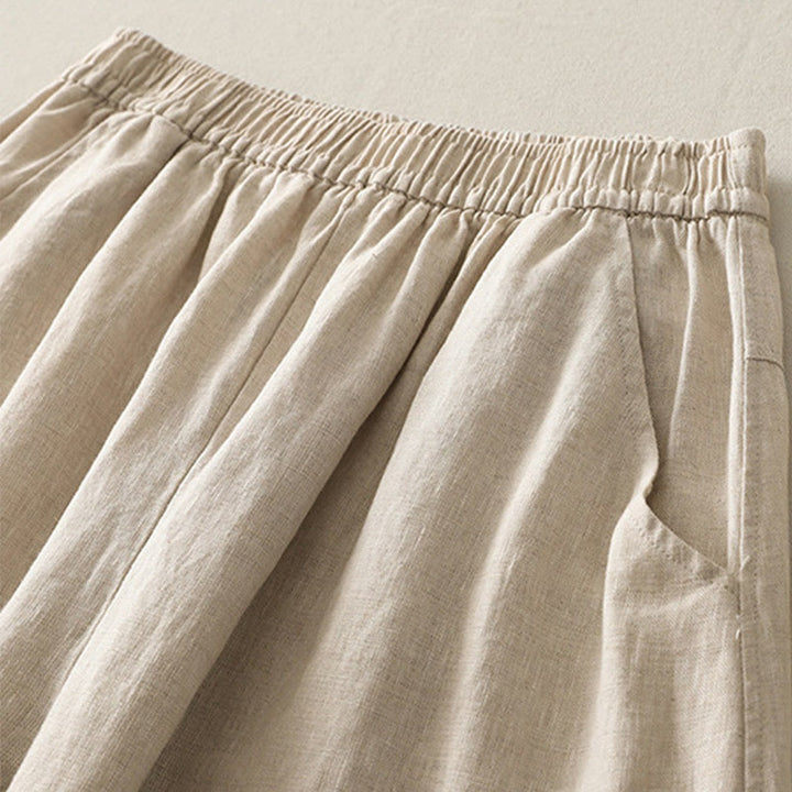 Pantalon large en coton et lin pour femme, couleur unie, taille élastique, avec poches , Buddha Stones été - image 1