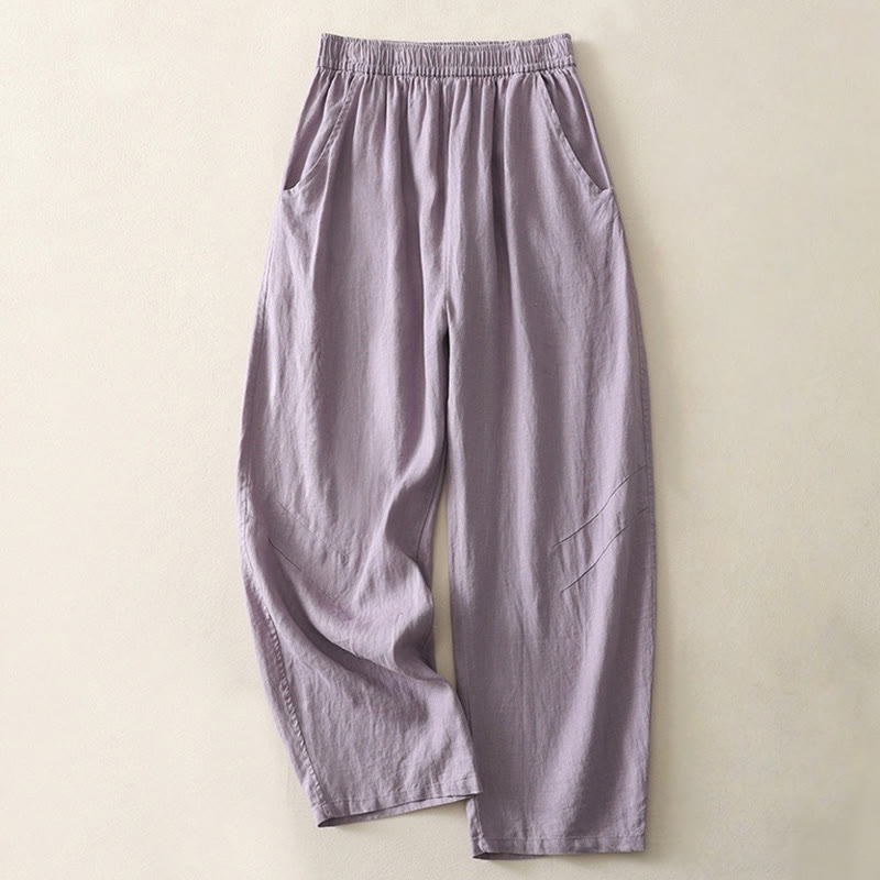 Pantalon large en coton et lin pour femme, couleur unie, taille élastique, avec poches , Buddha Stones été - Violet moyen - US8-10，UK/AU12-14，EU40-42 (2XL) - image 4