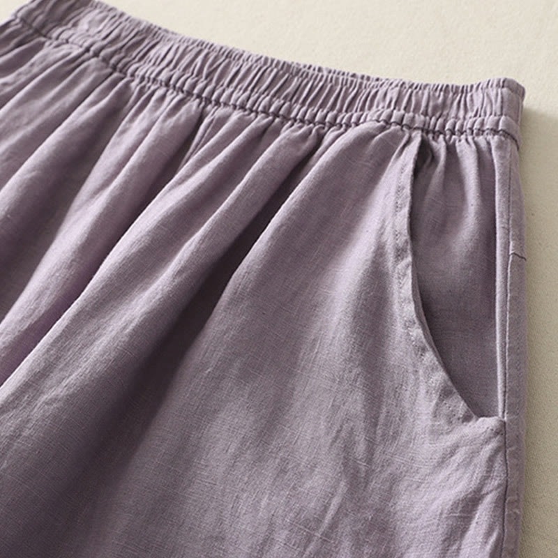 Pantalon large en coton et lin pour femme, couleur unie, taille élastique, avec poches , Buddha Stones été - image 5