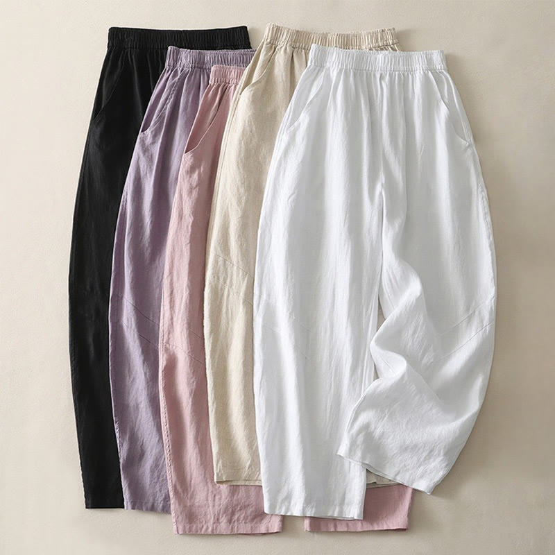 Pantalon large en coton et lin pour femme, couleur unie, taille élastique, avec poches , Buddha Stones été - image 26