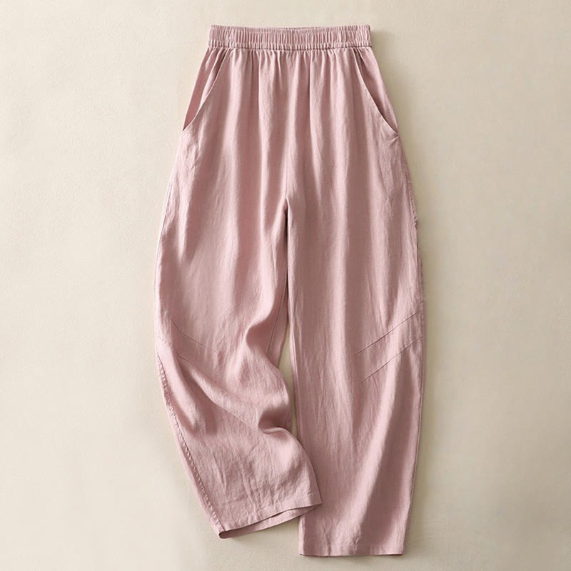 Pantalon large en coton et lin pour femme, couleur unie, taille élastique, avec poches , Buddha Stones été - LightCoral - US8-10，UK/AU12-14，EU40-42 (2XL) - image 8