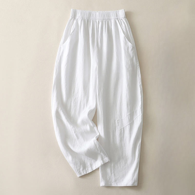 Pantalon large en coton et lin pour femme, couleur unie, taille élastique, avec poches , Buddha Stones été - image 13