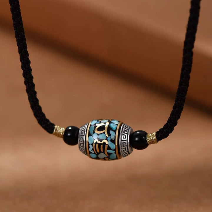 Collier pendentif rotatif en Buddha Stones tibétaines Om Mani Padme Hum Dzi - Chaîne en corde et perle Dzi - image 1