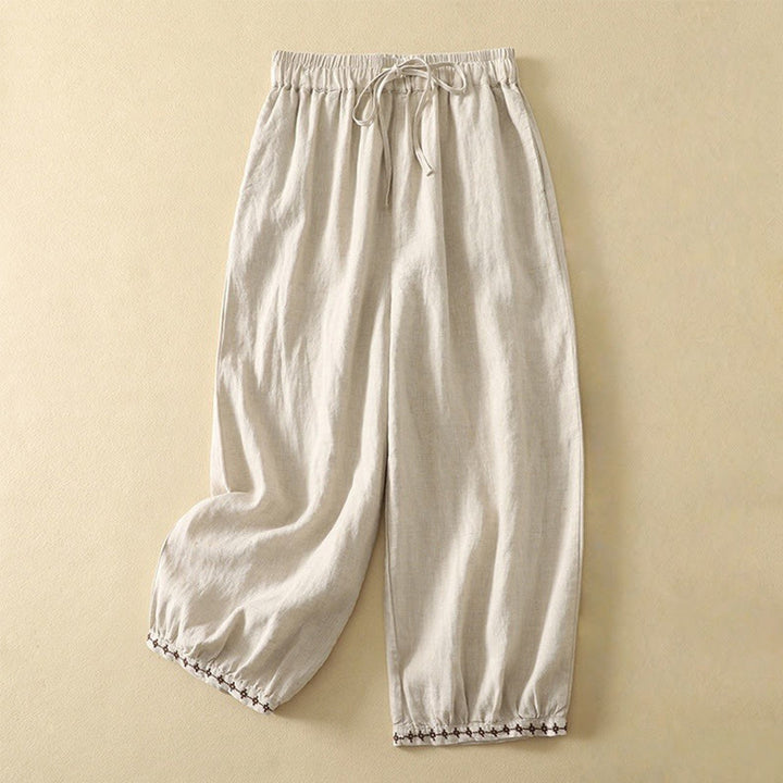 Pantalon décontracté rétro en coton et lin avec cordon de serrage et broderie Buddha Stones pour femme, longueur 7-8, avec poches