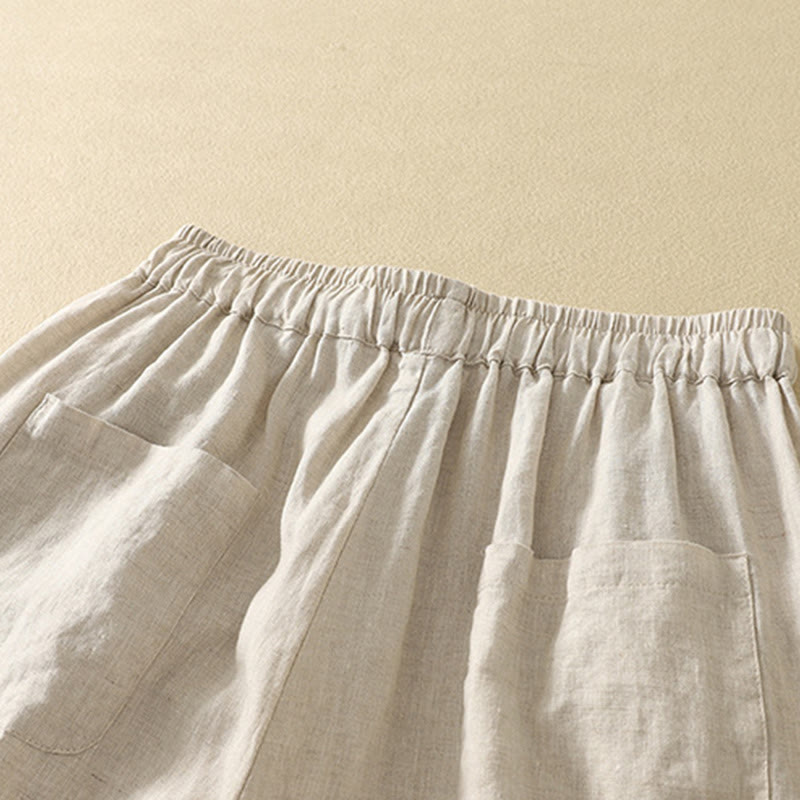 Pantalon décontracté rétro en coton et lin avec cordon de serrage et broderie Buddha Stones pour femme, longueur 7-8, avec poches