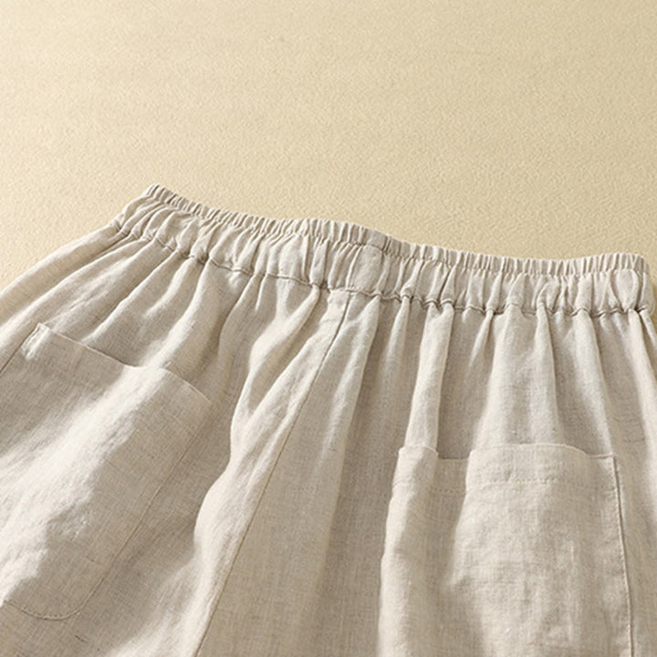 Pantalon décontracté rétro en coton et lin avec cordon de serrage et broderie Buddha Stones pour femme, longueur 7-8, avec poches